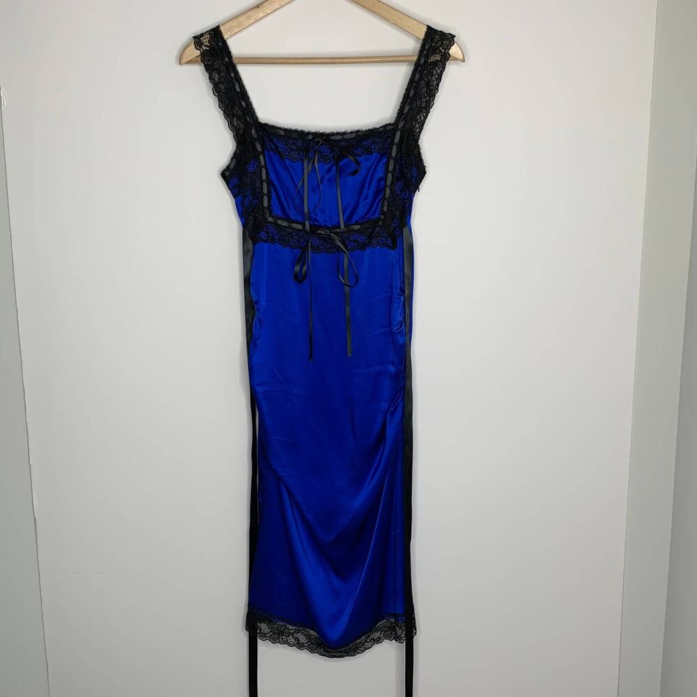 Betsey Johnson Black Label Satin Lace Blue Dress Silk Womens 2